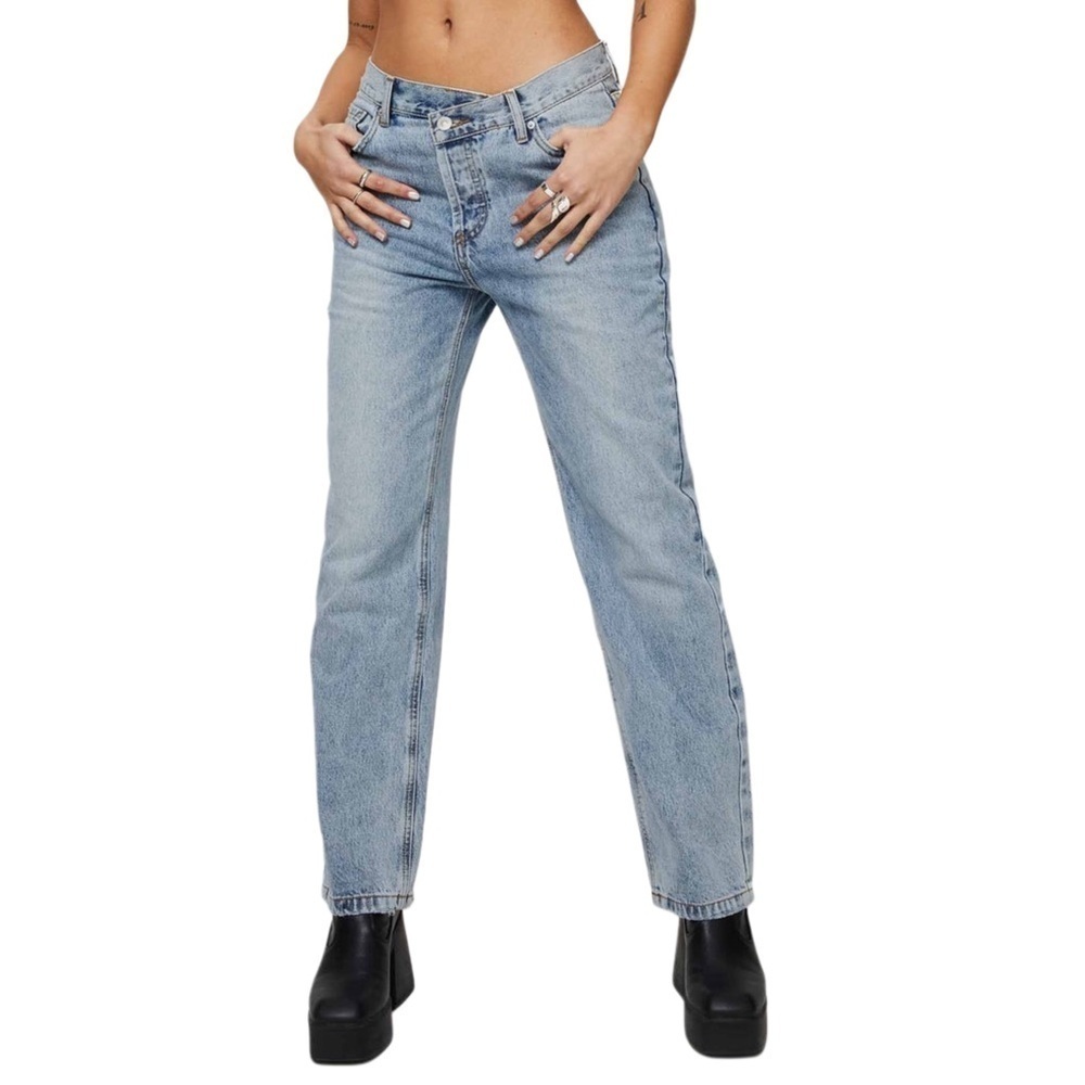 Princess Polly Holly Asymmetric Straight Leg Light Wash Denim Jeans Size 2